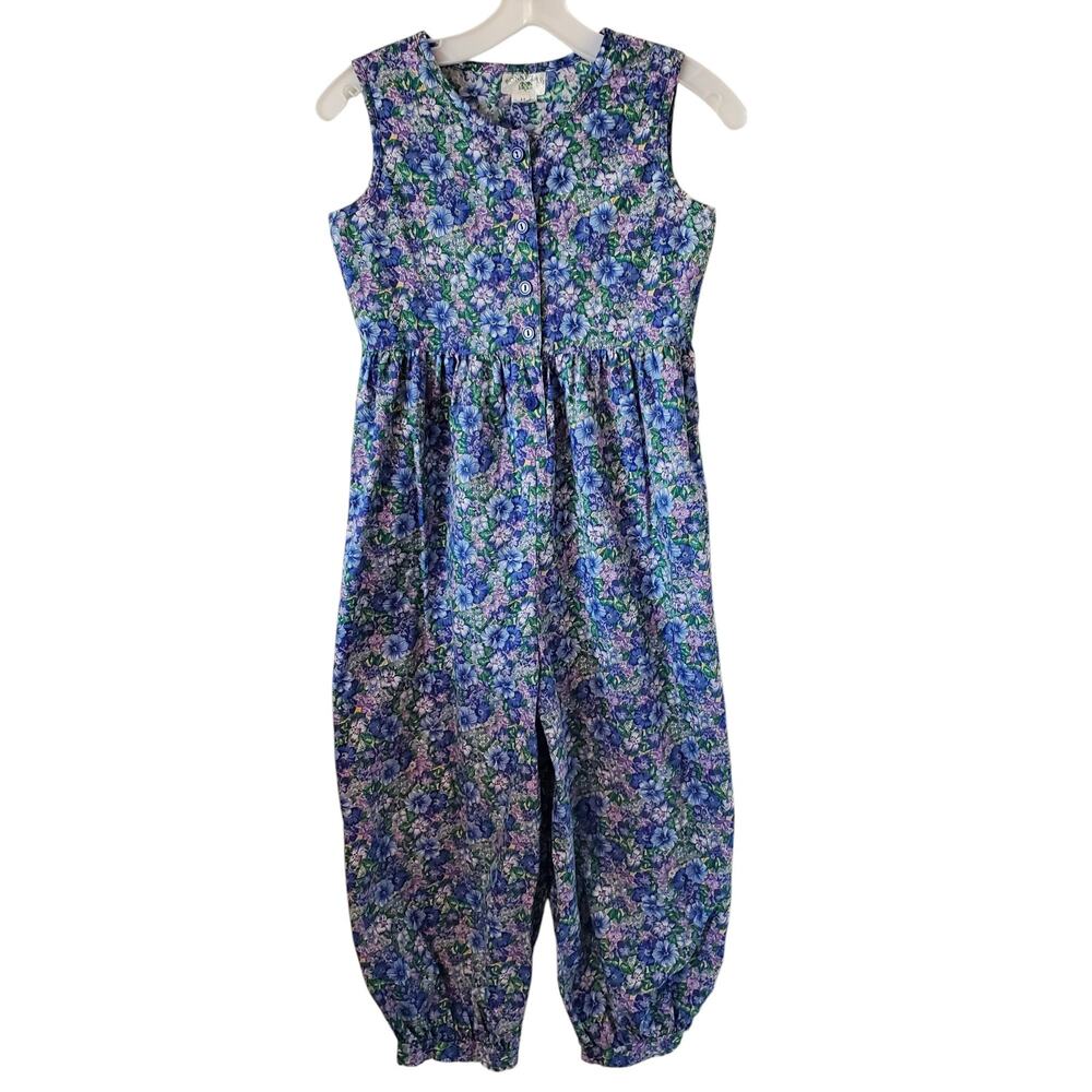 Vintage Bonny Lass Girls Youth Pansy Floral Print Jumpsuit Size 12 Blue Green